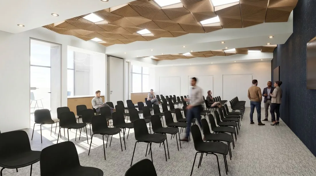 Rendering of the conference center set with rows of chairs