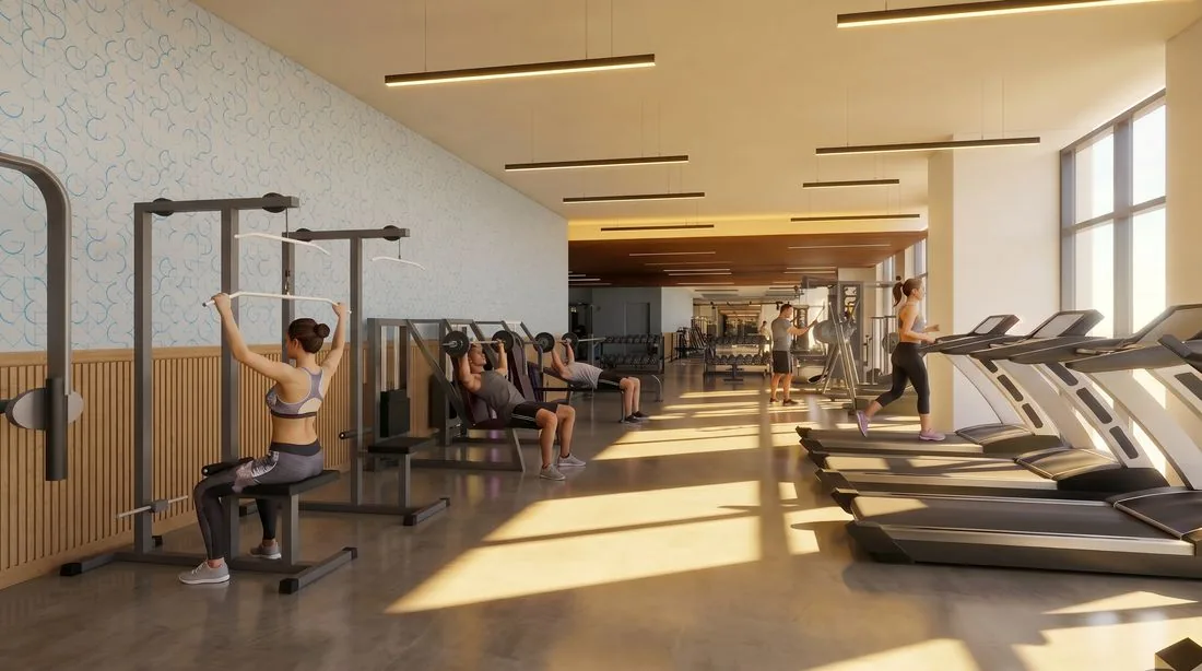 Rendering of the fitness center with treadmills and weight machines