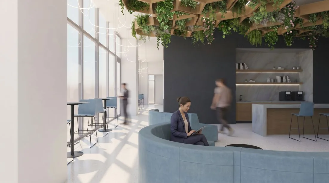 Rendering of the pre-function lounge with coffee bar and planted ceiling