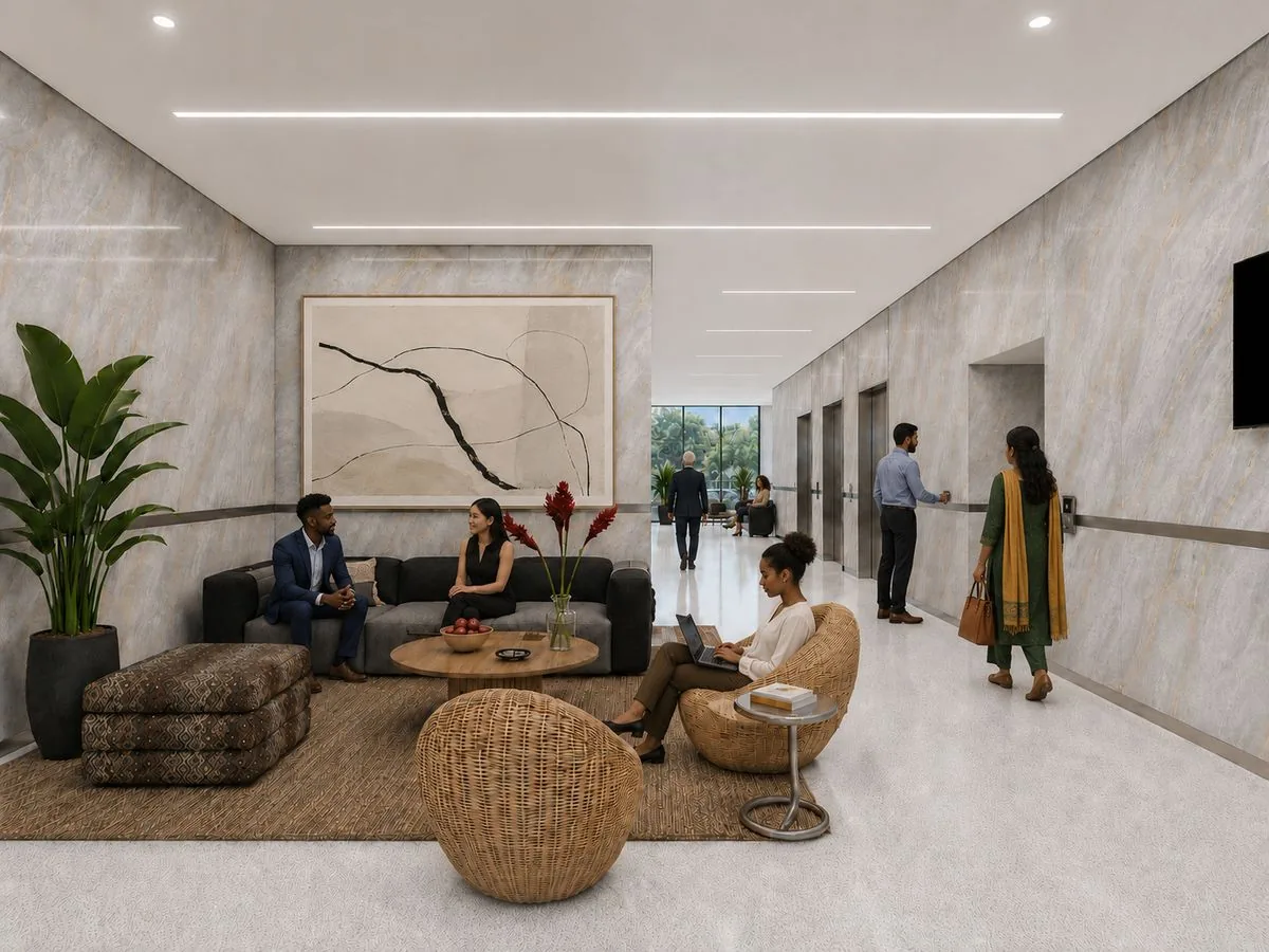 Rendering of a bright, modern lobby with lounge seating and people talking
